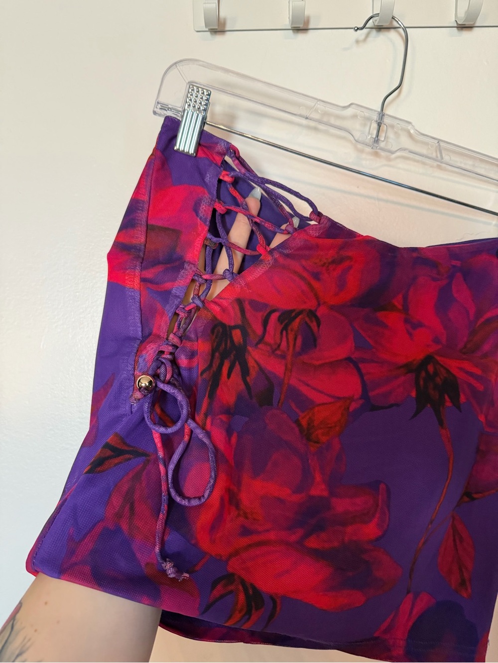 Purple & Red Floral Mini Lace Up Skirt - Picture 3 of 7